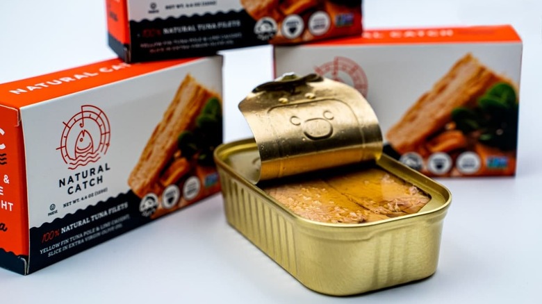 Opened tin and boxes of Natural Catch tuna