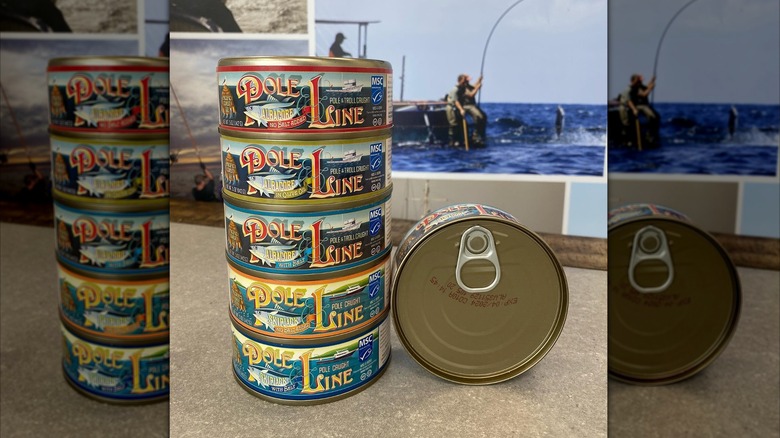 Stacked cans of Pole & Line tuna