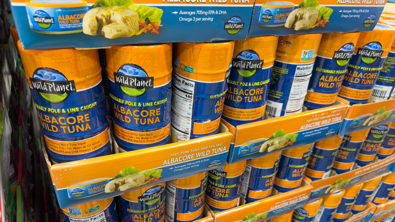 Stacked cans of Wild Planet tuna