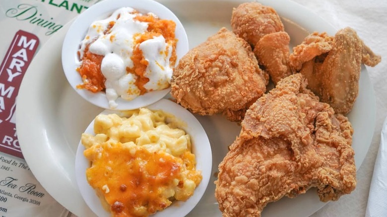 A meal of fried chicken and mac and cheese from Mary Mac's.