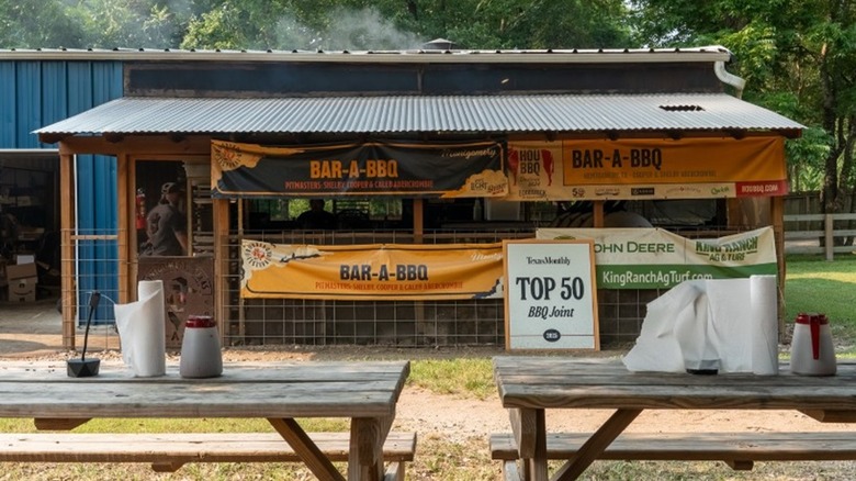 Exterior of Bar-A-BBQ restaurant in Montgomery, Texas