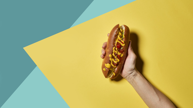 A hand holding a hot dog on a colorful backdrop