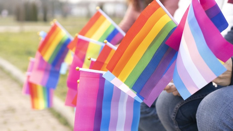 Numerous people holding pride flags.