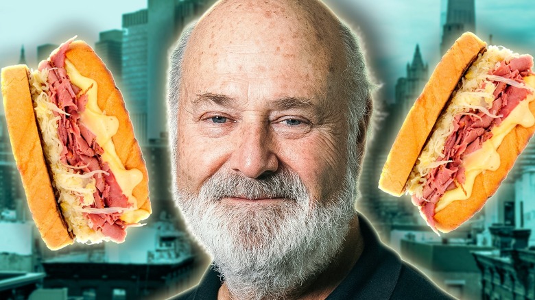 Rob Reiner depicted next to pastrami sandwiches.