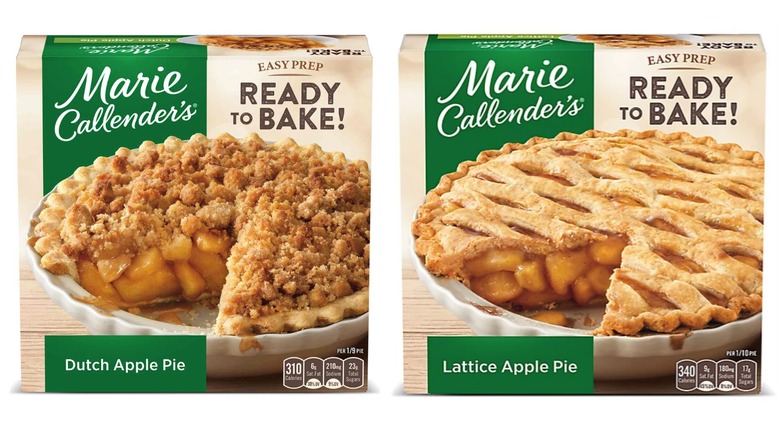 Boxes of a Dutch Apple Pie and Lattice Apple Pie from Marie Callender's on white background