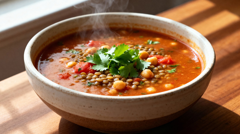 A hearty and steaming bowl of spiced lentil and chickpea soup garnished with fresh cilantro.