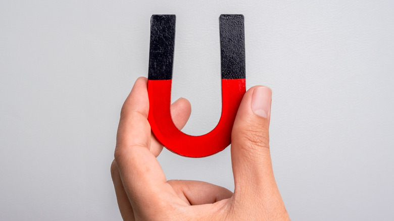A person holds a red and black U-shaped magnet