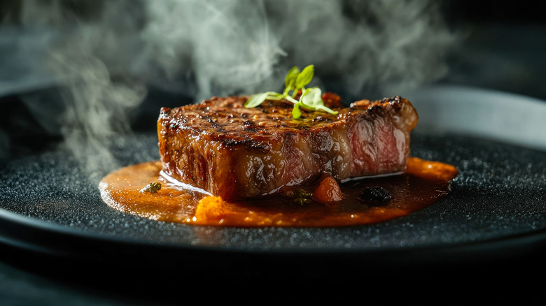 smoking steak on a black plate