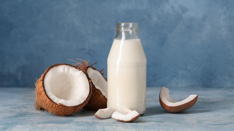 Bottle of fresh coconut milk with real coconut bits on the side displayed against grunge background.