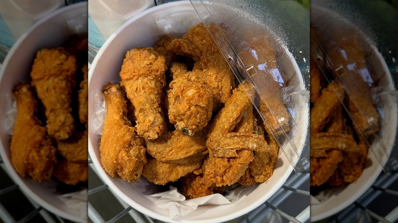 A bucket full of fried chicken from Costco's deli section