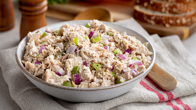 Tuna salad mixed in a bowl