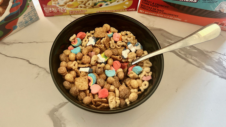 Bowl of three cereals mixed together