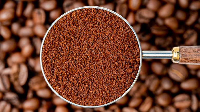 metal scoop of ground coffee over whole coffee beans