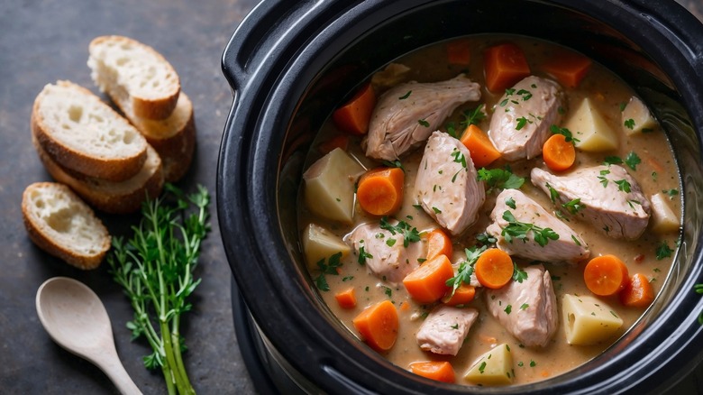 Chicken and vegetables in slow cooker with herbs and fresh bread