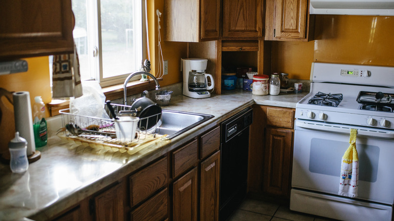 Day time image of a middle class America home kitchen.