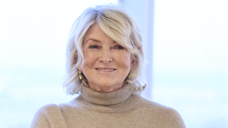 Martha Stewart looking to the right and smiling subtly behind a naturally light background