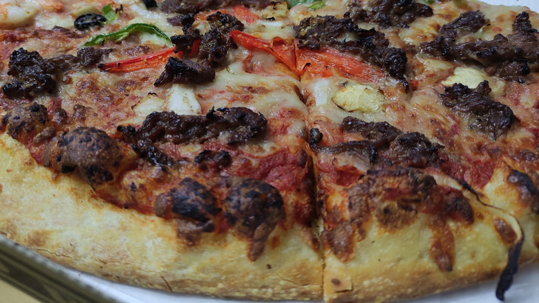 Close up of part of a Costco bulgogi pizza