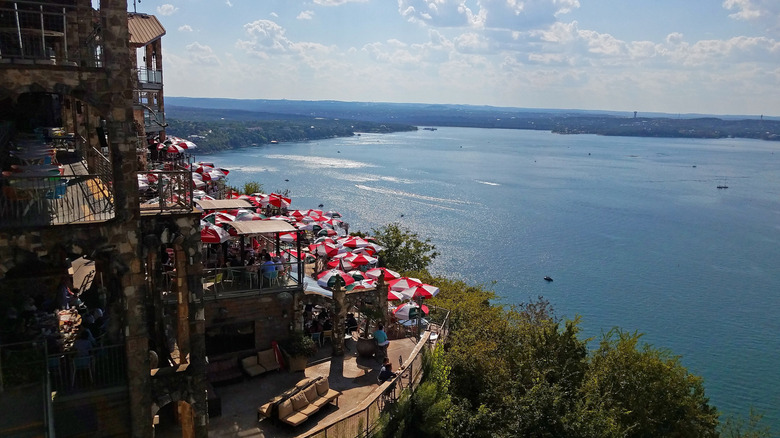 The Oasis on Lake Travis with a view of the lake behind.