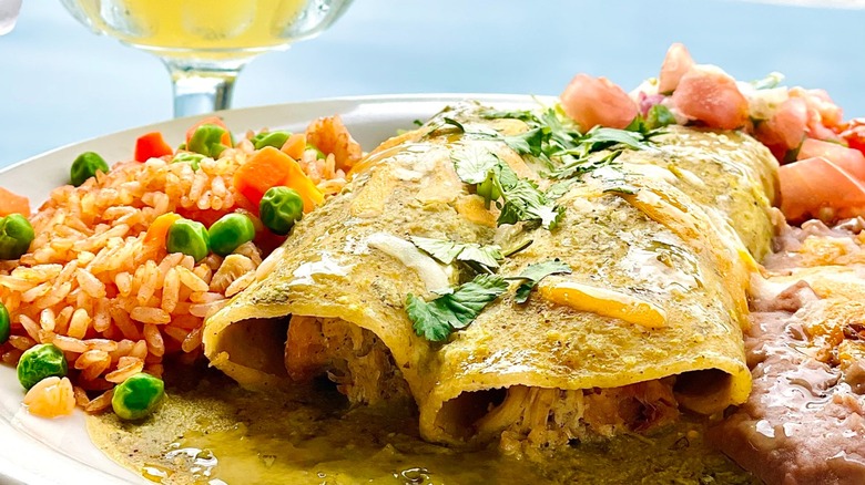 Enchiladas and rice served on a plate.