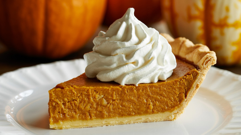 Pumpkin pie slice on a plate with whipped cream