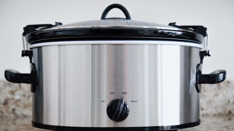 A stainless steel slow cooker sits on a marbled countertop