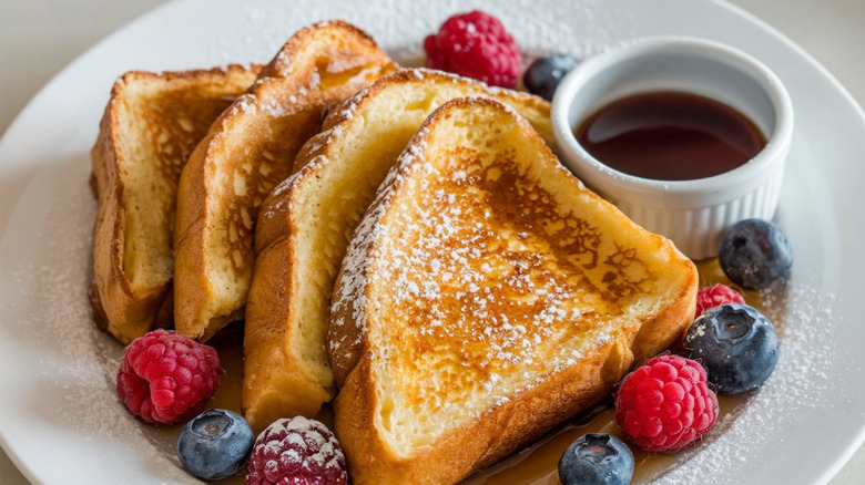 Four slices of French toast lightly dusted with powdered sugar on a white plate with berries and maple syrup