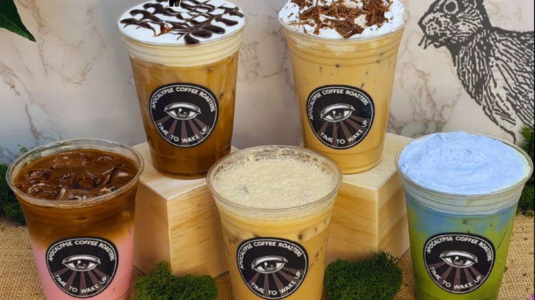 Buttermoon Shaken Espresso, Jeepers Peepers Latte, Coconut Cream Breve, Earthling Matcha, Nutty Bunny Cold Brew coffee drinks from Apocalypse Coffee
