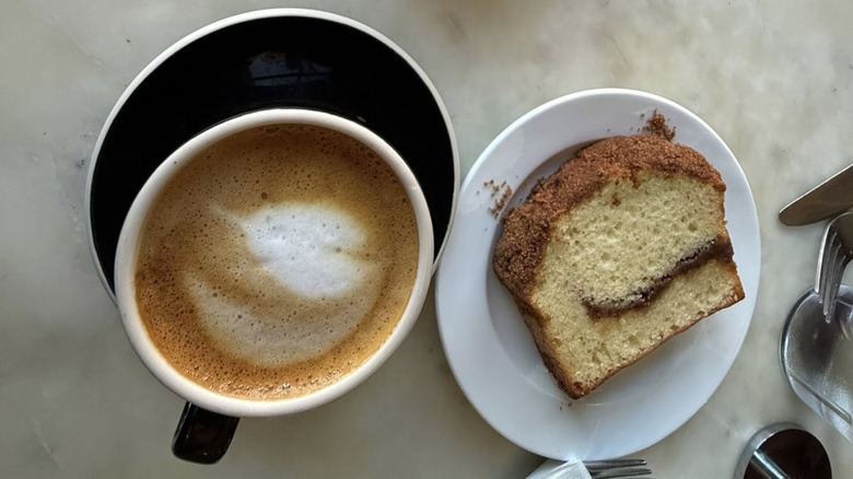 Cappuccino and slice of coffee cake from Café Saint Pio