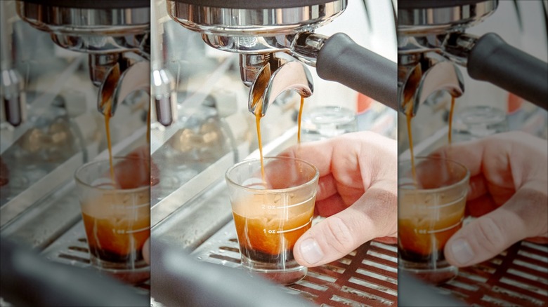 Espresso shot being made by espresso machine at Sunergos