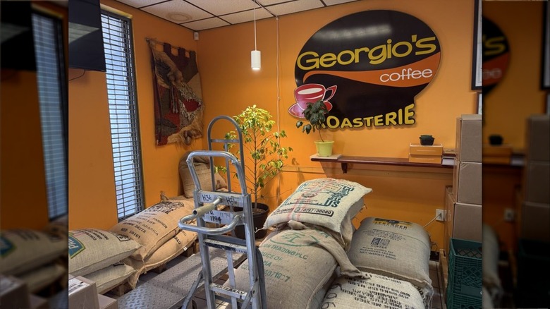 Bags of coffee beans inside Georgio's Coffee