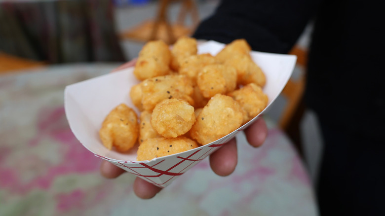 A hand holds a cardboard serving container with tater tots inside.