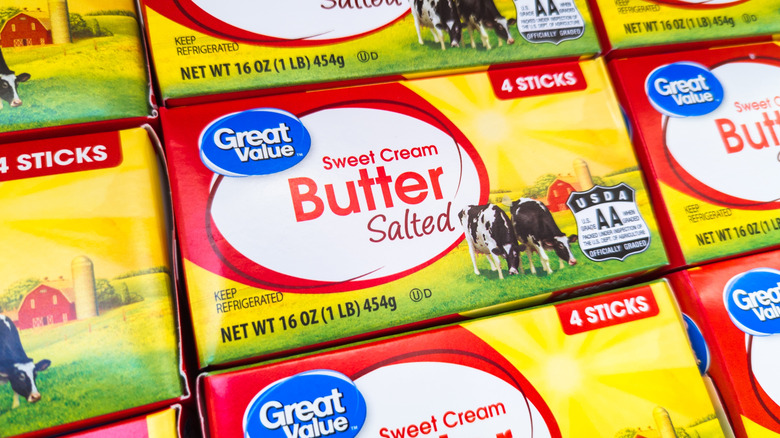 Walmart's Great Value butter stacked up near each other.