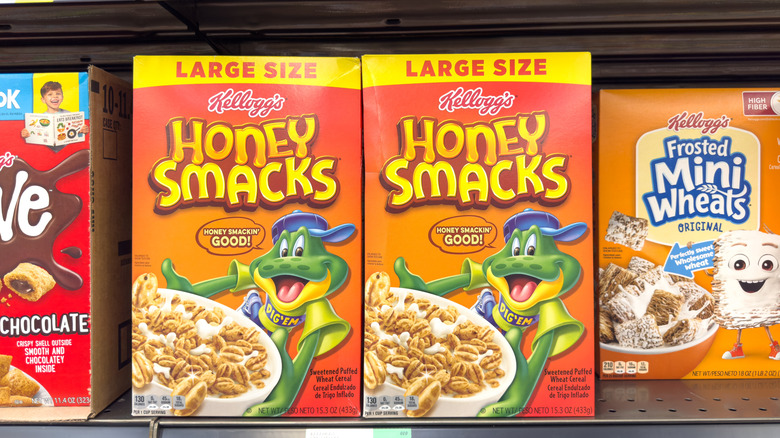 Large size Kellogg's Honey Smacks cereal on a grocery store shelf