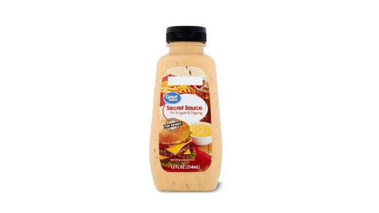 A bottle of Great Value Secret Sauce from Walmart on a white background