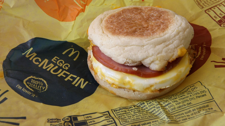 Closeup of Egg McMuffin on its own wrapper.