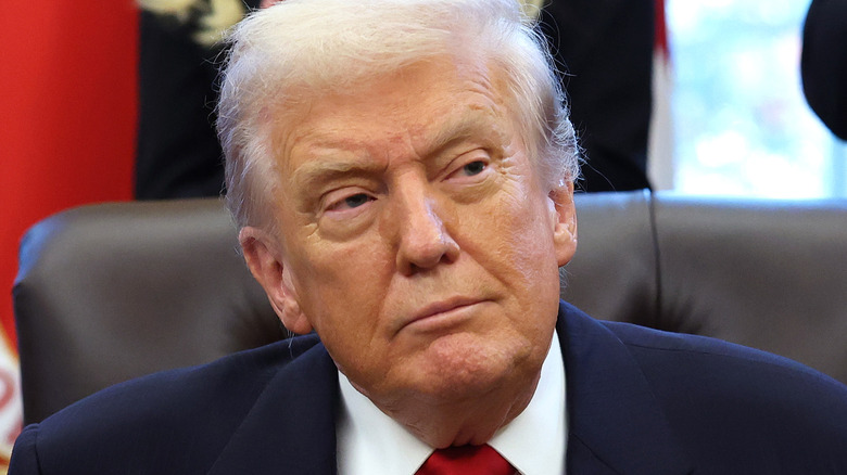 Donald Trump smirks in a blue suit while seated in an office chair