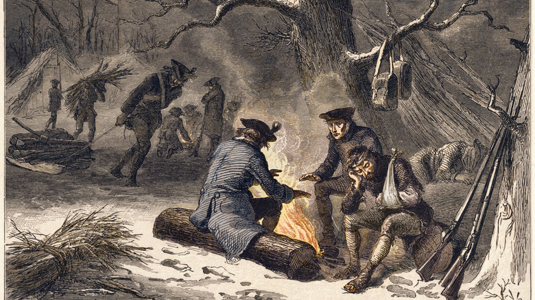 Artist depiction of troops at Valley Forge in winter 1777