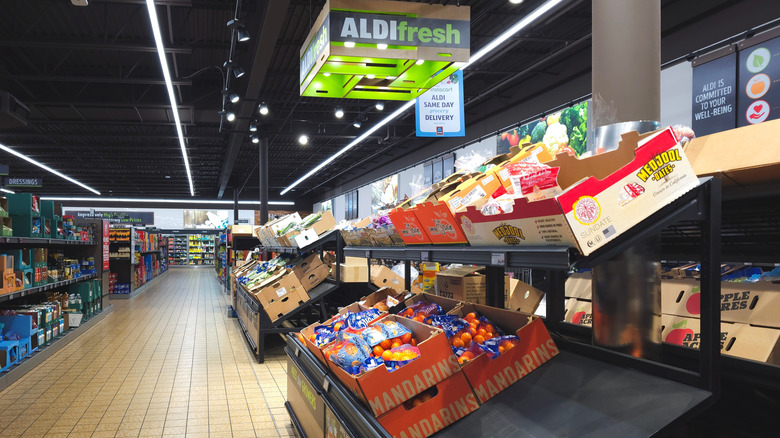 Aldi produce section with fresh fruits on store shelves