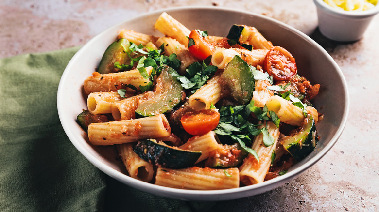 A dish of pasta made with Mediterranean vegetables