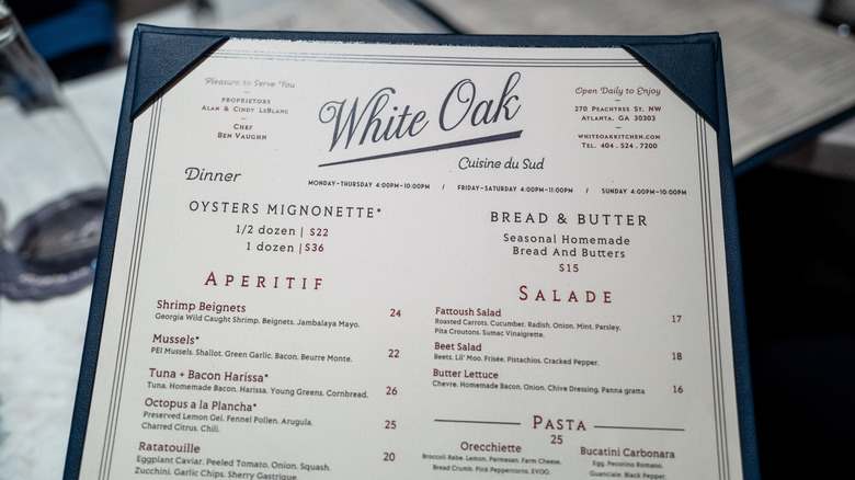 Menu for White Oak restaurant