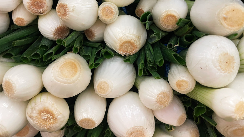Cambray onions stacked on top of each other for sale at a market.