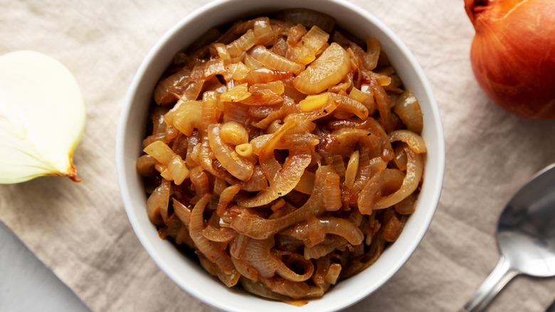 white ceramic bowl full of caramelized onions