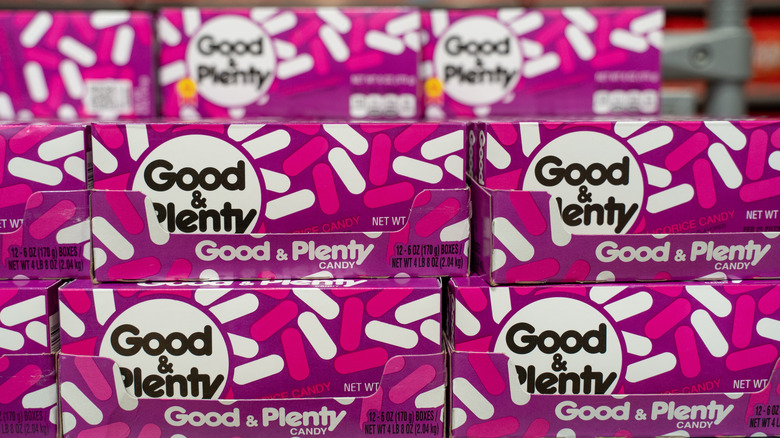 Rows of boxes of Good & Plenty candies