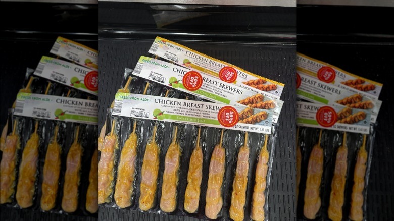 Discounted packages of Aldi's marinated sweet chili lime chicken breast skewers