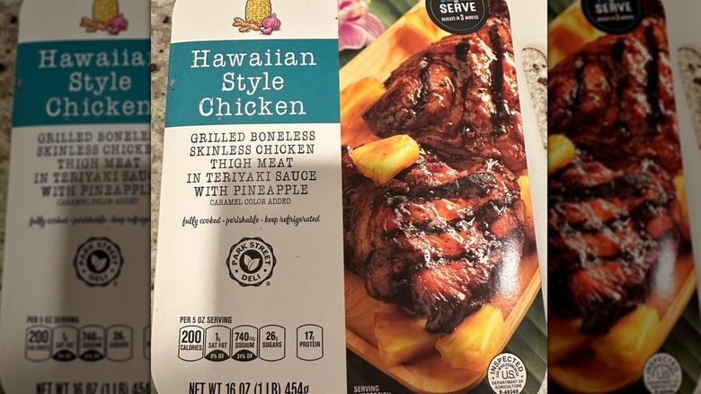 A package of Aldi's Park Street Deli Hawaiian Style Chicken on kitchen counter.