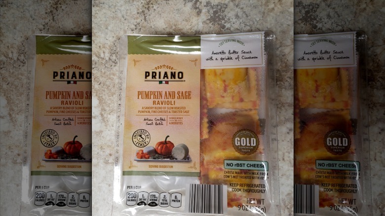 A package of Priano brand's seasonal pumpkin and sage ravioli from the refrigerated section at Aldi.