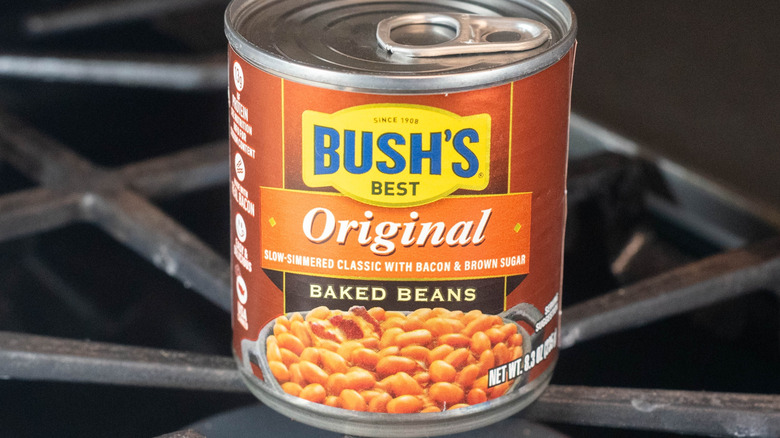 Can of Bush's Baked Beans on stovetop