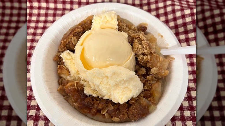 A bowl of Pat's Apple Crisp, with a scoop of vanilla ice cream.