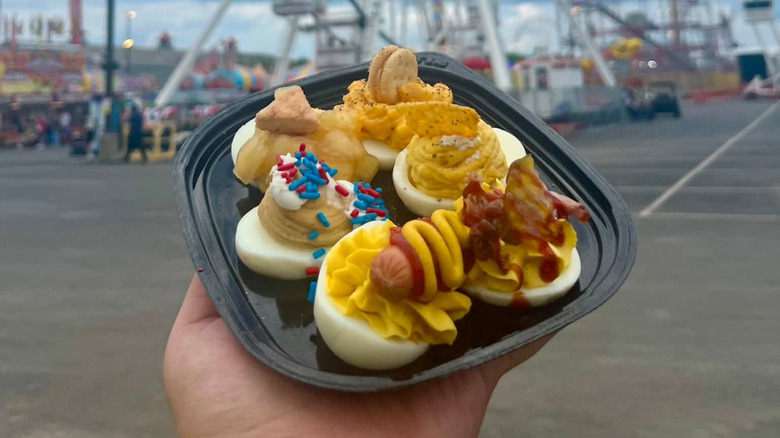An America250-themed flight of deviled eggs at the Ohio State Fair.