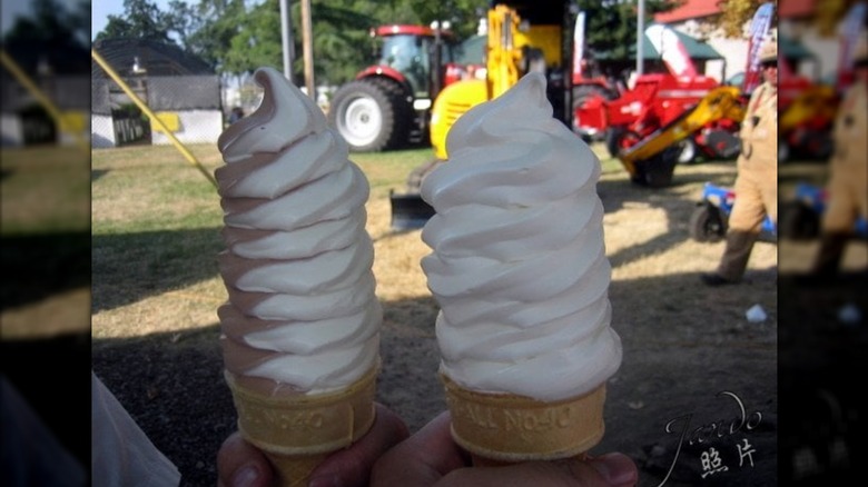 A chocolate vanilla swirl cone and a vanilla ice cream cone from the Oregon Dairy Women.